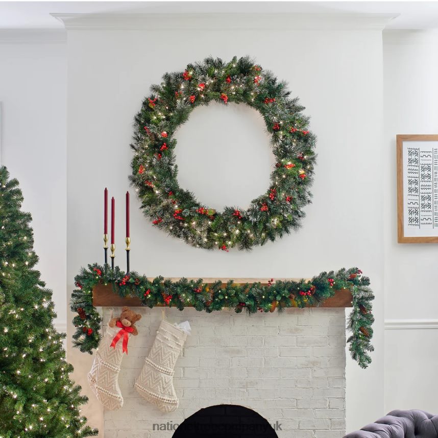 Greenery | National Tree Company Pre-Lit Artificial Christmas Wreath Green Wintry Pine White Lights Decorated with Pine Cones Berry Clusters Frosted Branches Christmas Collection 48 Inches F2L
